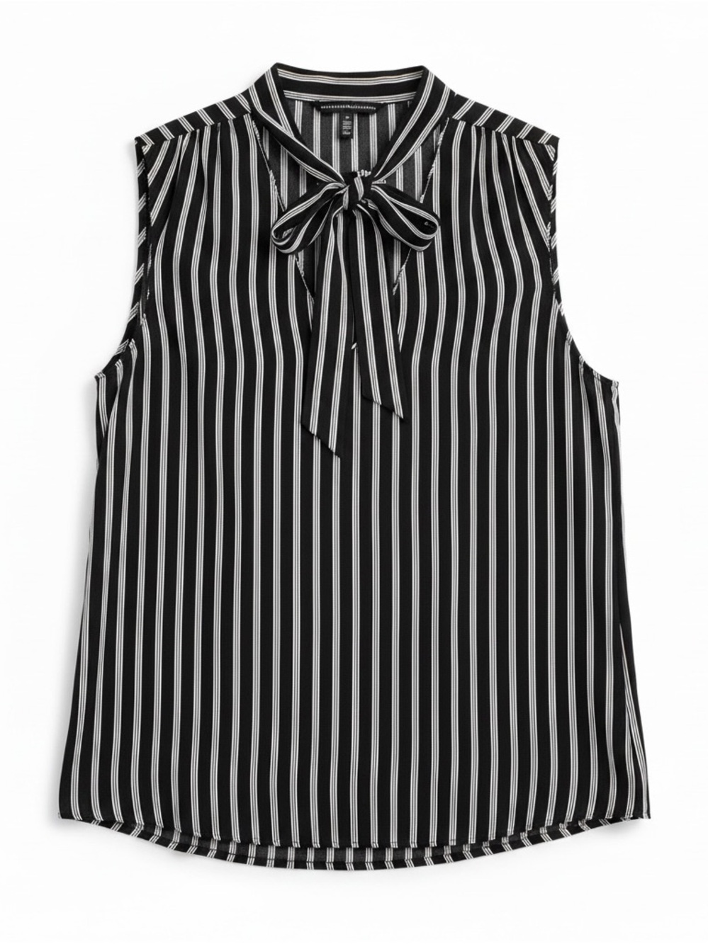 WHBM Striped Tie Neck Blouse Size 12 Black Sleeveless Bow Top Lined Silver Trim